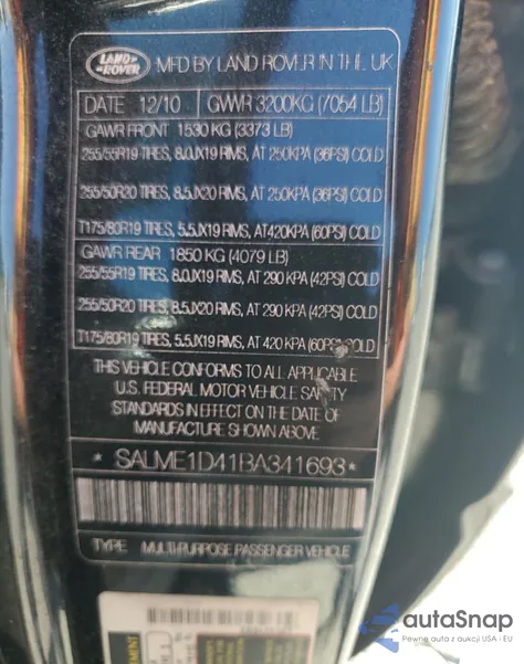 2011 Land Rover Range Rover Hse из США, поврежденный, VIN SALME1D41BA341693